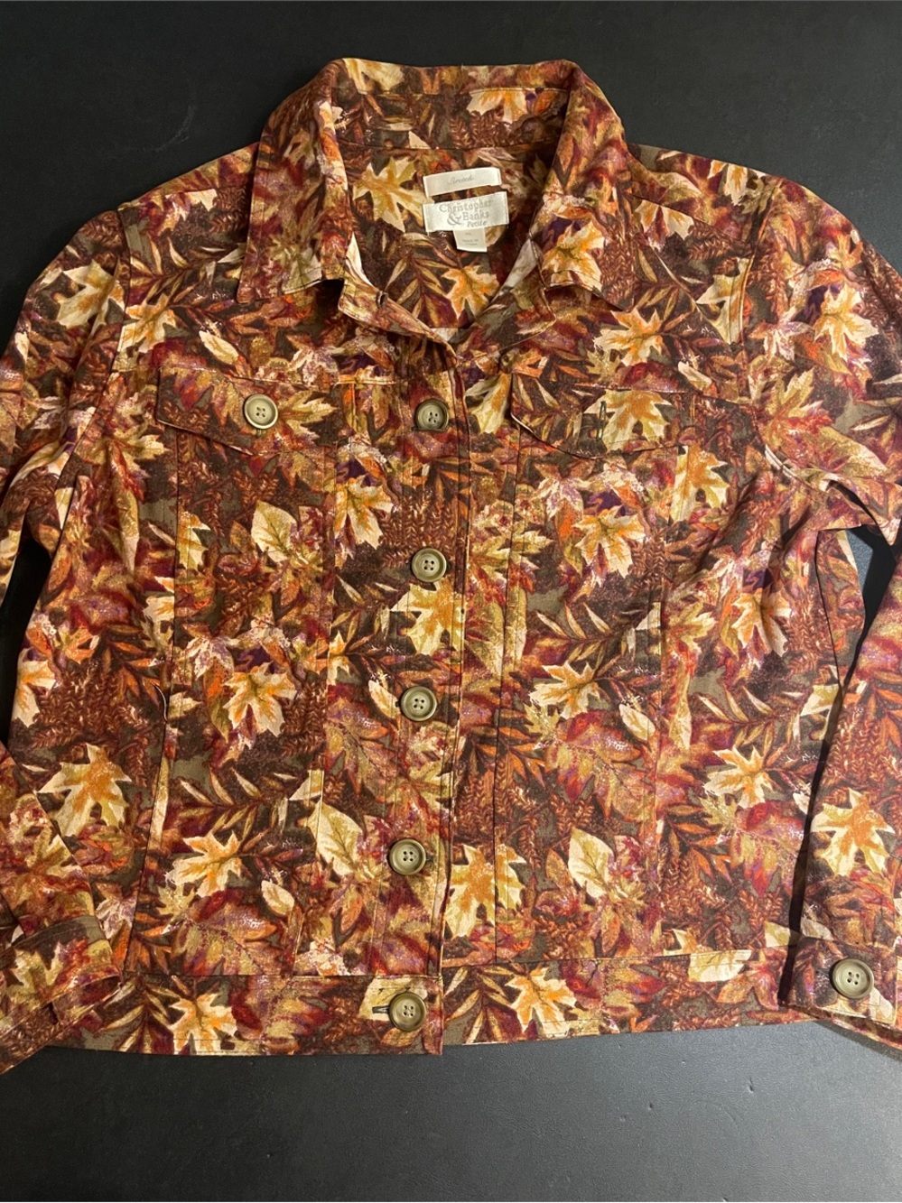 🍂🍁 Autumn Leaf Print Jacket - Petite Large - Button-Up Unlined - Fall Leaves